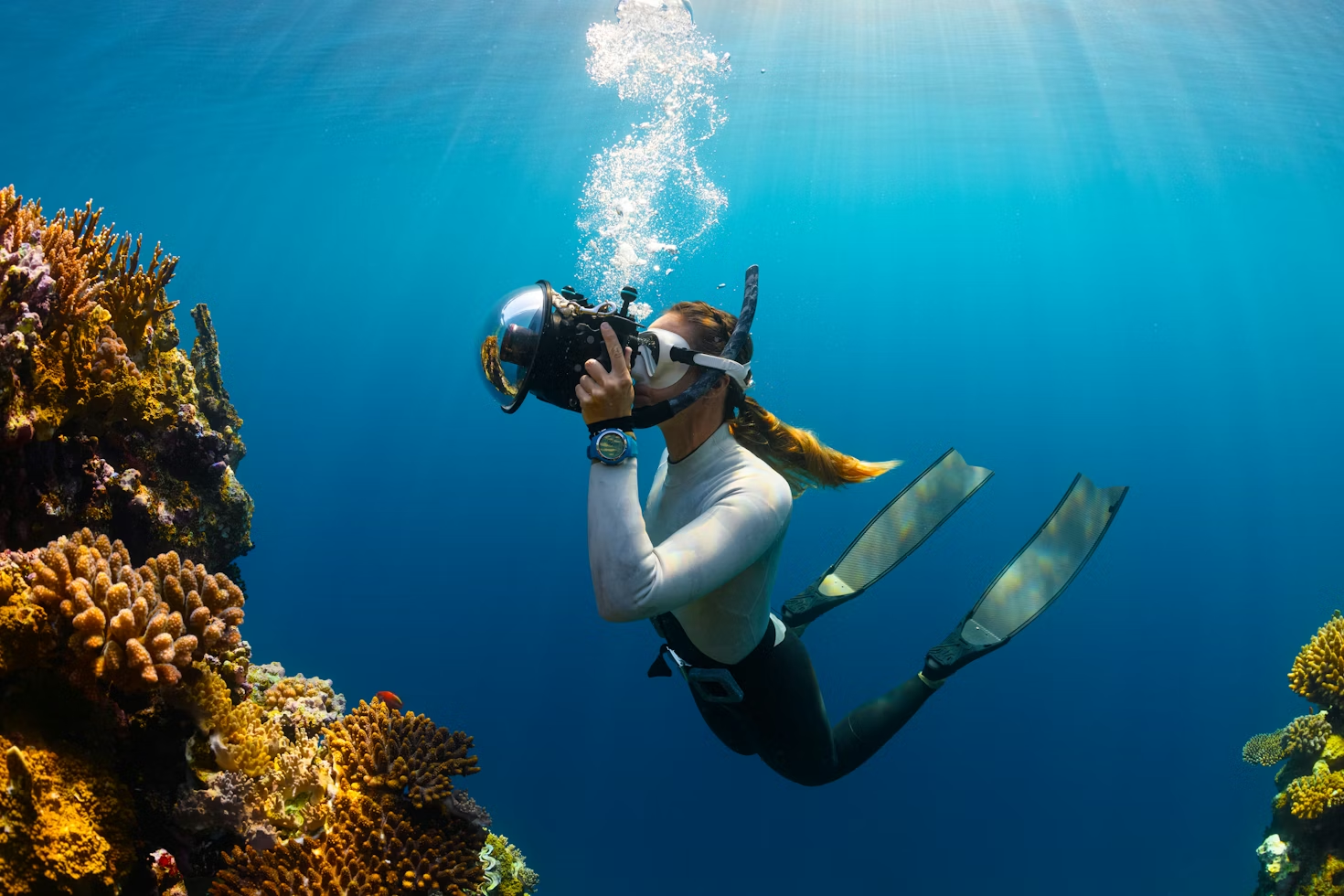 Scuba diver photographing coral reef in clear blue water.