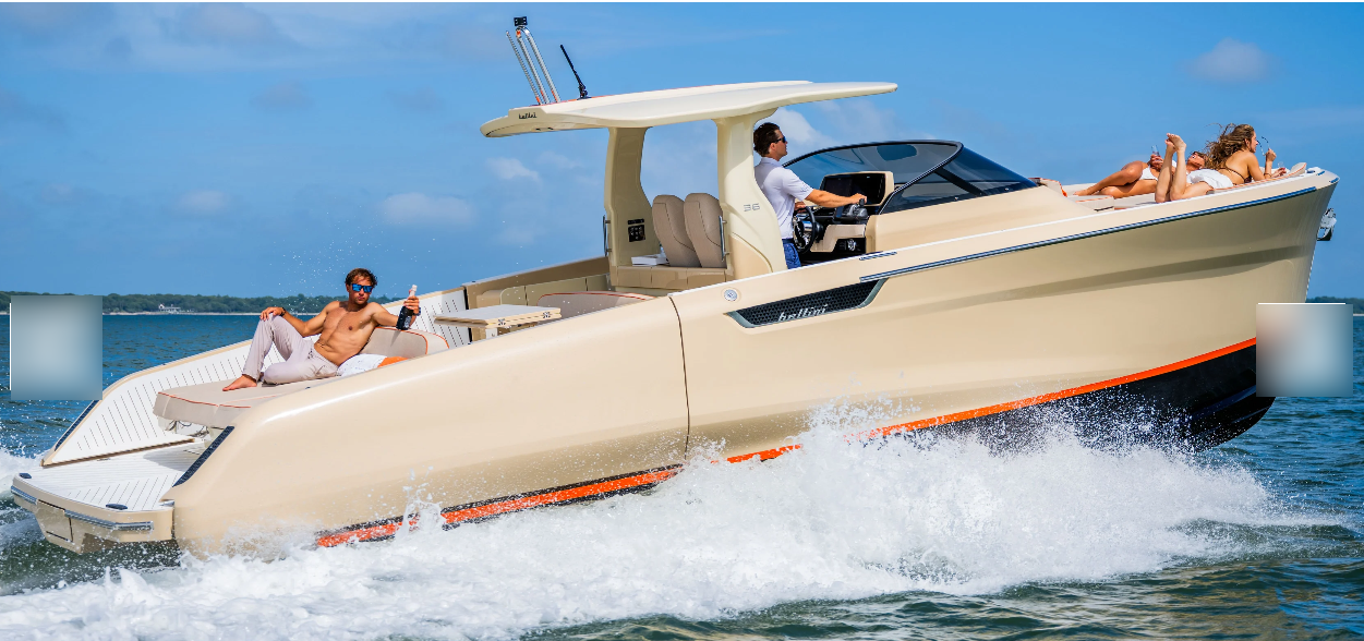 Group cruises aboard luxury motorboat, splashing through ocean.