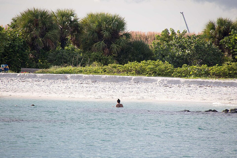 Peanut Island beach with turquoise water, sand, and palm trees.