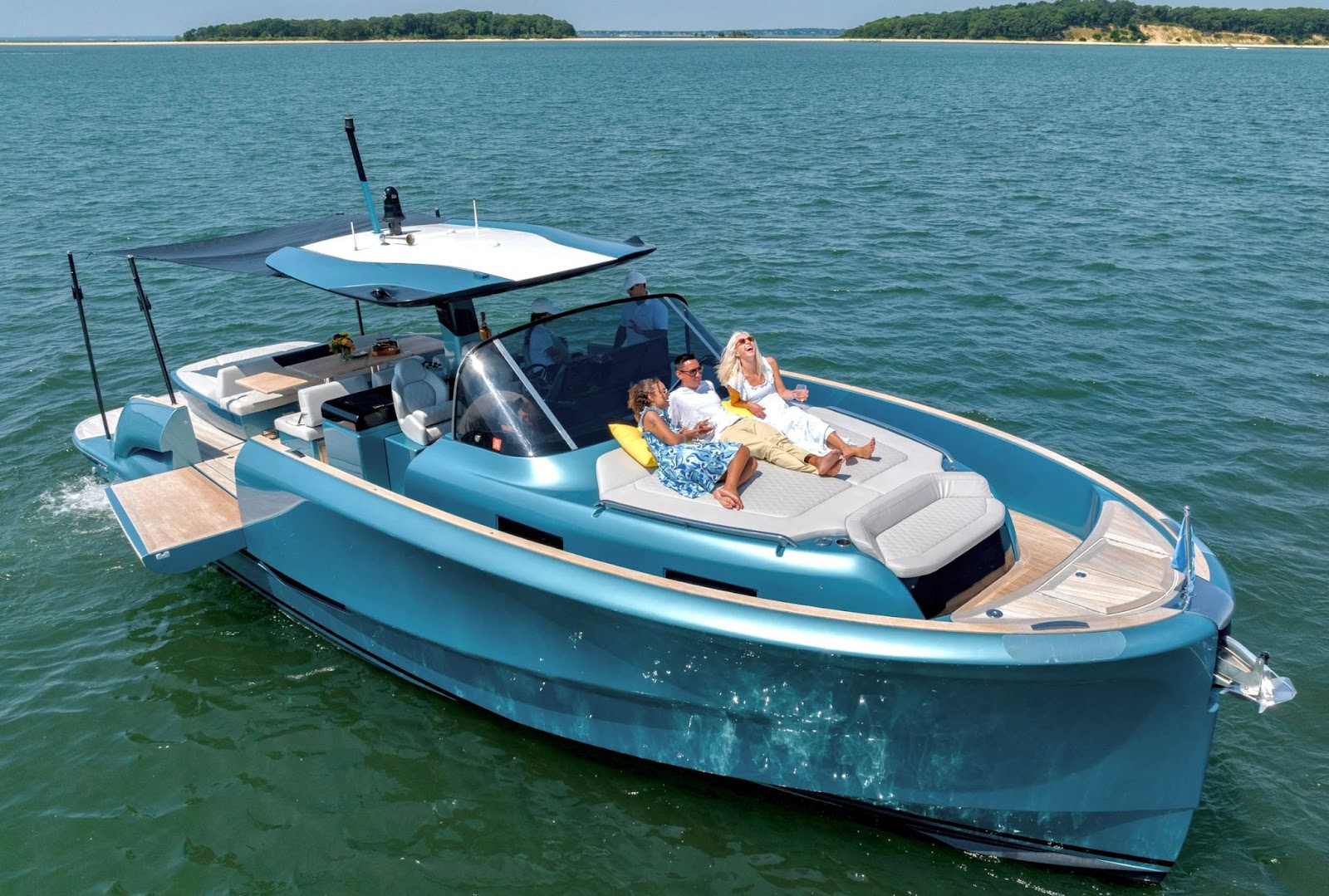 Friends relaxing on a yacht rental in South Florida.