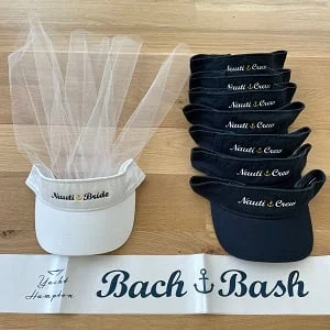 Bride and bridal party sun visors to wear on a boat in South Florida.