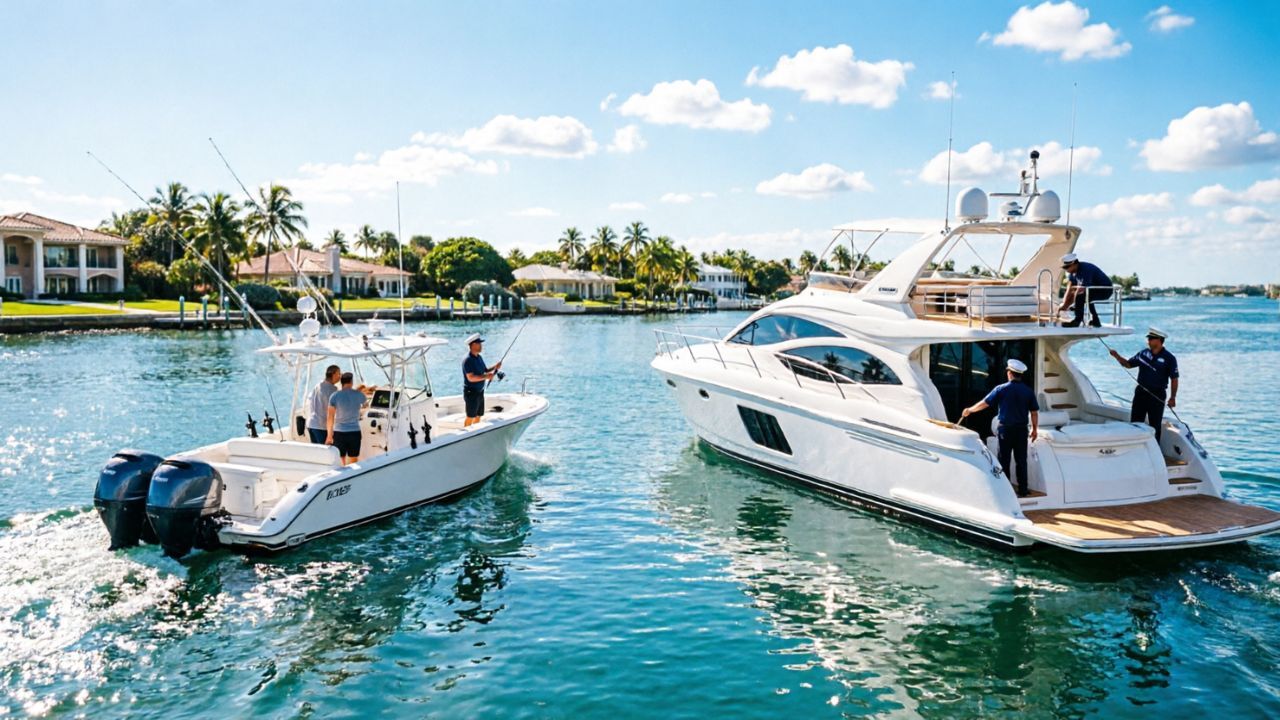 Fishing boat and luxury yacht cruising side by side 
