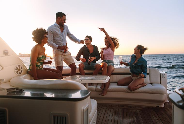 Enjoying laughs with friends on a West Palm Beach yacht rental.